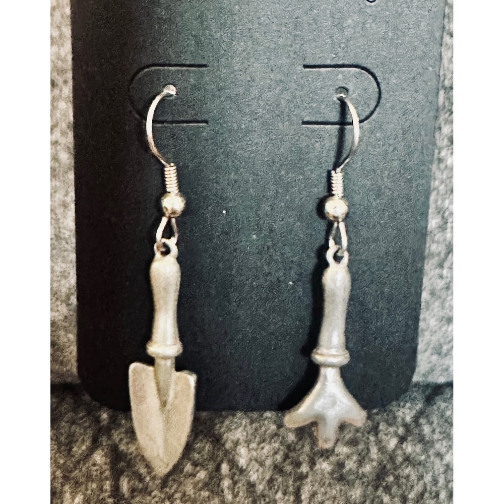 Silver Tone Gardening Tool Mismatched Dangle Earrings Trowel and Rake Novelty